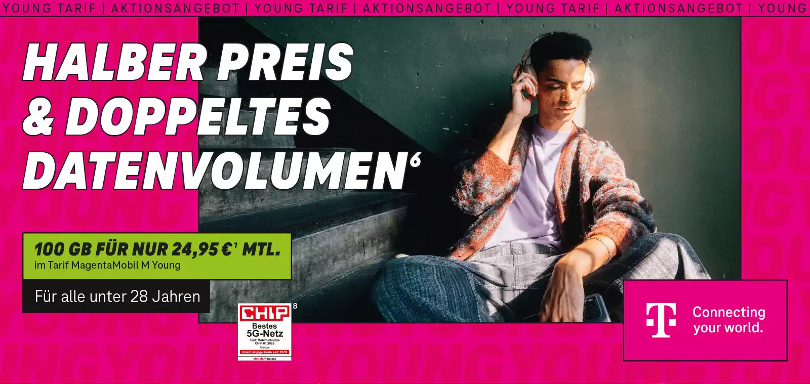 Junger Mann mit Kopfhörern wirbt für Telekom Young Tarif mit doppeltem Datenvolumen.