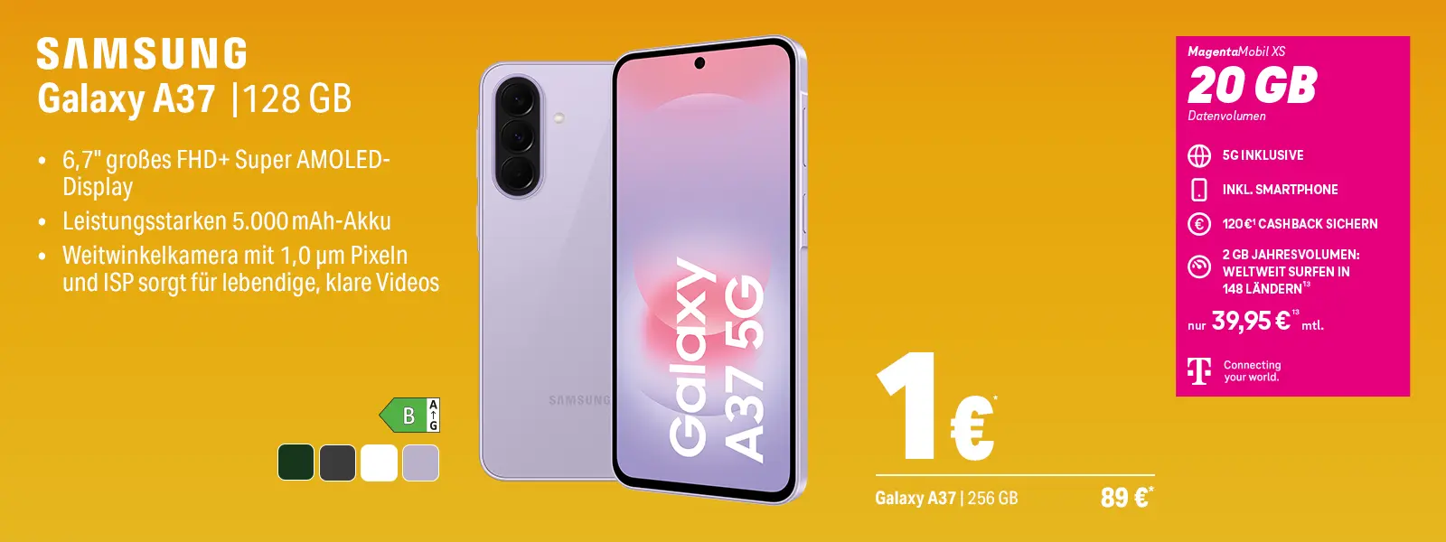 Werbebanner Samsung Galaxy A37 128 GB mit 5G und MagentaMobil XS 20 GB