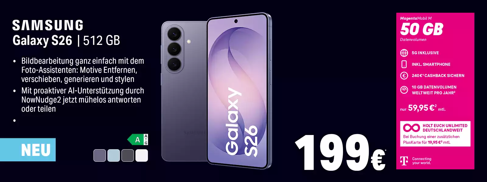 Samsung Galaxy S26 mit 512 GB, MagentaMobil M 50 GB Tarif, 5G inklusive