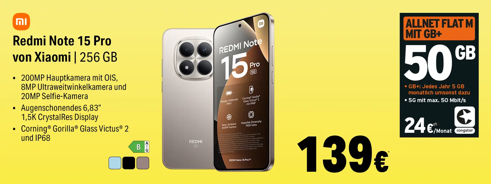 Xiaomi Redmi Note 15 Pro 256 GB Smartphone mit 200MP Kamera und 5G Tarif
