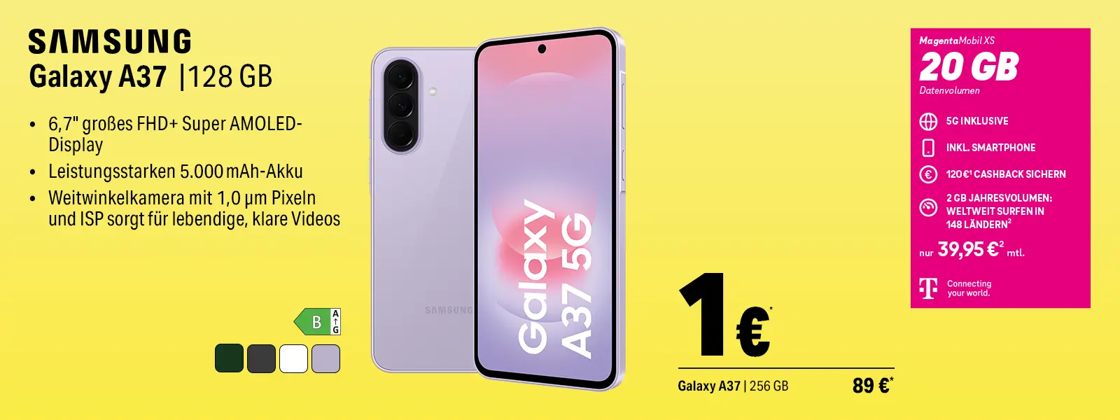 Samsung Galaxy A37 128 GB Smartphone-Angebot mit 20 GB 5G Tarif, MagentaMobil XS