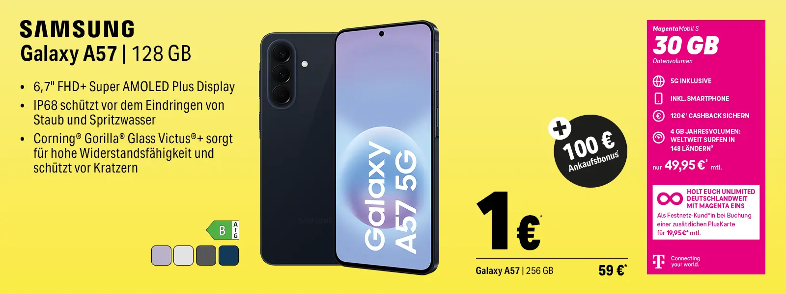 Samsung Galaxy A57 128 GB Smartphone Angebot mit 5G und 30 GB Tarif