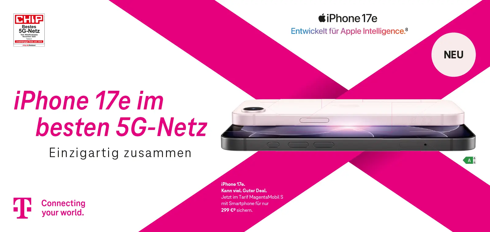 Telekom Anzeige: iPhone 17e im besten 5G-Netz, Smartphone im Querformat